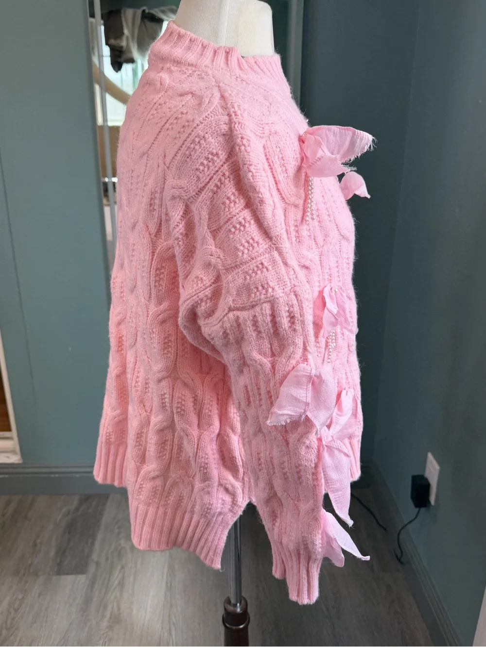 Y2K Pink 3D Floral Pearl Cable Knit Oversized Sweater Coquette XS/S